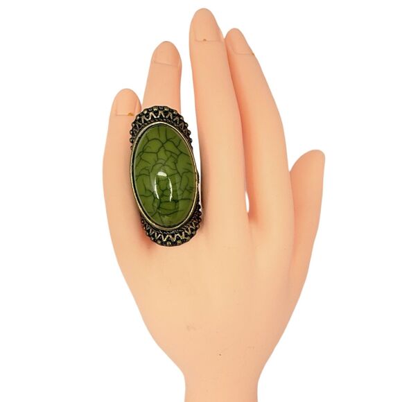 Green Glass Full Finger Brass Ring 6.5 Bohemian Ethnic Boho Chic - Picture 14 of 16